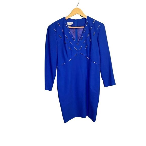 JACKIE K. VINTAGE • Royal Blue Beaded 3/4 Sleeve V-Neck Cocktail Dress - Picture 3 of 5